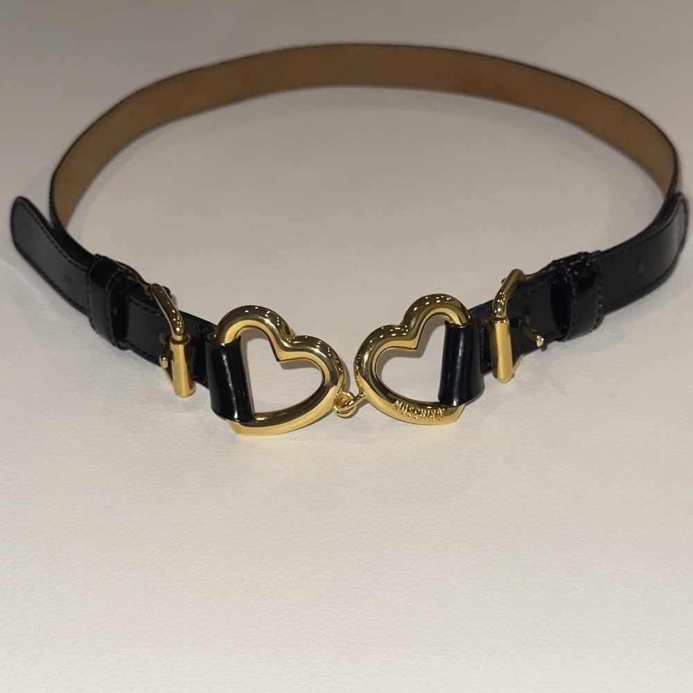 MOSCHINO Black Leather Waist Belt 401239 Gold Hearts Buckle SIZE 42